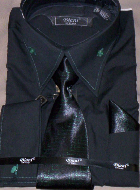 New Mens Black & Green High Collar Dress Shirt & Tie  