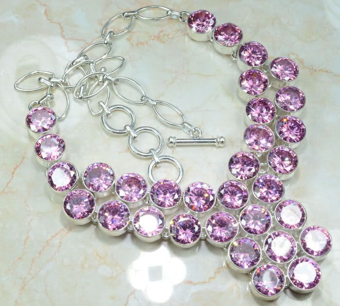 HUGE PINK TOPAZ SILVER NECKLACE 18 1/4; S8230  