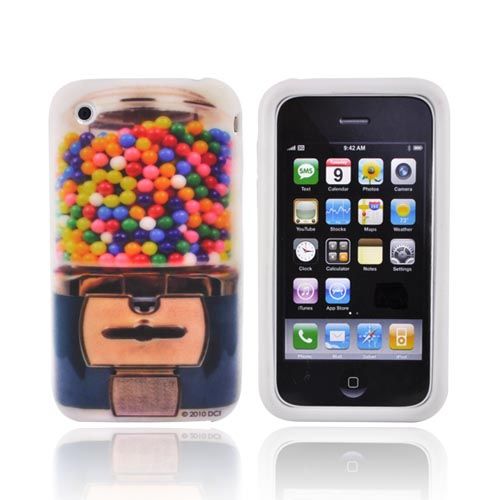 For iPhone 3G 3Gs Gumball Design on White Rubber Grip Silicone Skin 