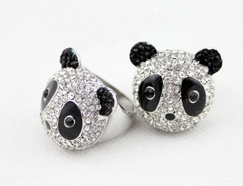 Fashion Crystal Rhinestone Enamel Panda Bear Finger Ring Women Jewelry 