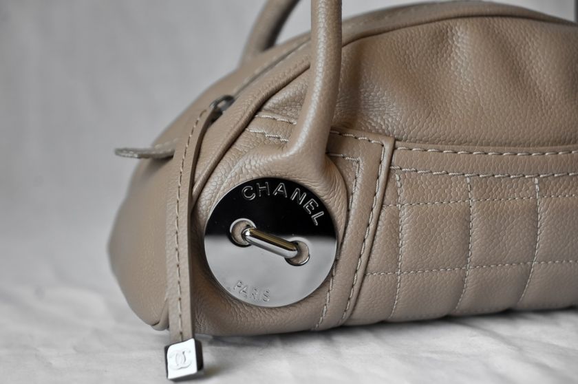 CHANEL Small Mini Taupe Pebbled Leather+Quilted Pocket Zip Bag Handbag 