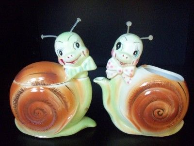 VTG ENESCO SNAPPY SNAIL SUGAR BOWL JAR CREAMER PITCHER  