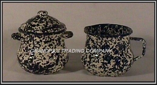 NAVY and CREAM Enamelware Sugar & Creamer Set wLid NEW  