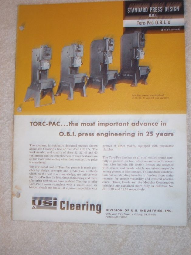 Vtg USI Clearing Catalog~Torc Pac O.B.I Presses~Machine  