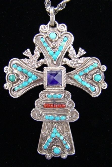   MEXICAN DOVES AMETHYST TURQUOISE CORAL SILVER PENDANT NECKLACE  