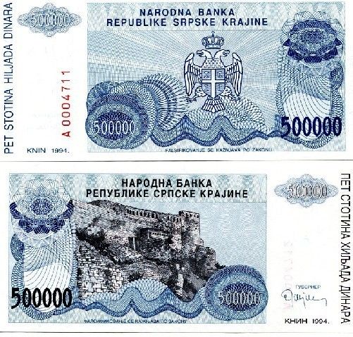 CROATIA KNIN 500000 Dinara P R32 1994 UNC  