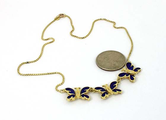 BEAUTIFUL 14K GOLD DIAMONDS & ENAMEL BUTTERFLY NECKLACE  