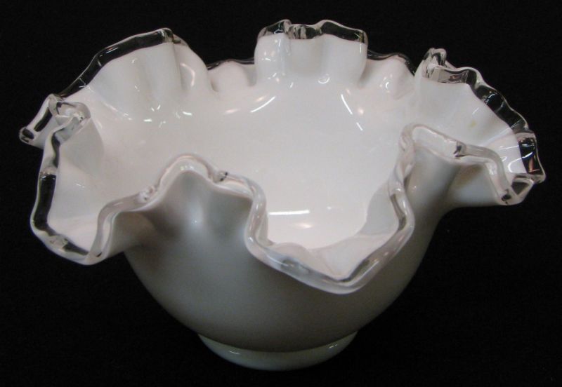 Fenton Silver Crest Rose Bowl. White with ruffled edge.  