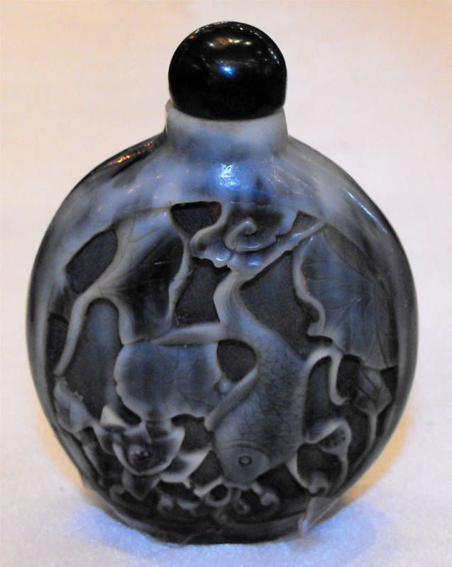 Cinnabar Snuff Bottle, Fish, Hand carved  