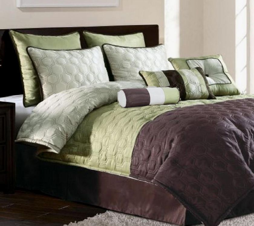 BROWN GREEN BEIGE COMFORTER SET CAL KING C9645  