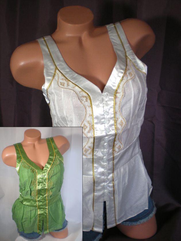 New White Green lace gold trim top blouse tank S M L  