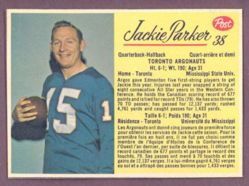 1963 POST CFL 38 JACKIE PARKER TORONTO ARGONAUTS CARD  