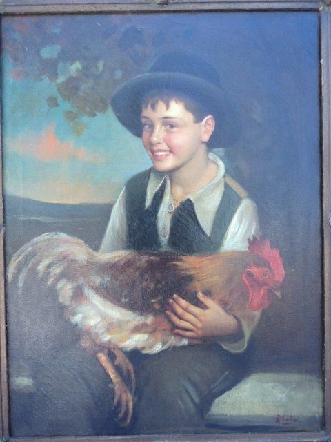 Old European oil on canvas boy painting # 08051  