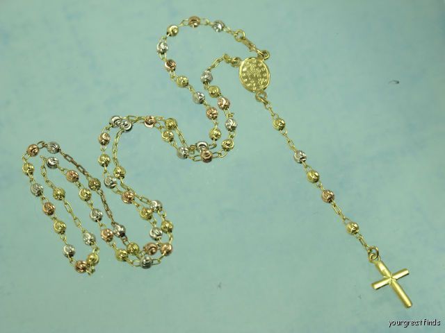 PREVIOUSLY OWNED TRI COLORED 10K YELLOW ROSE WHITE GOLD ROSARY 