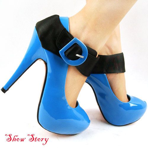 Ladies Blue Patent Black Strap Platform Pumps US Sz 10  