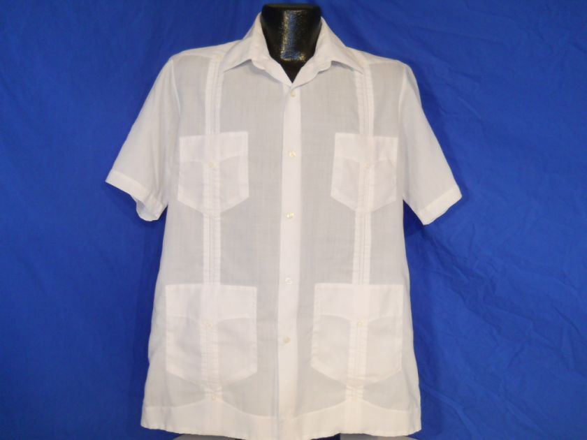 vintage PANABRISA WHITE 4 POCKET MEXICAN WEDDING LINEN POLY GUAYABERA 