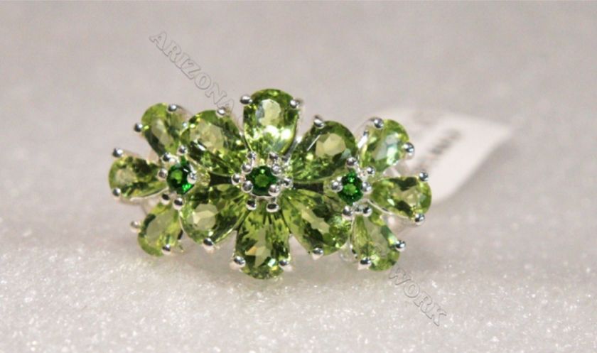 ACN♥ PERIDOT & CHROME DIOPSIDE 3 FLOWER .925 STERLING SILVER RING 