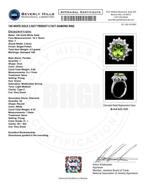 4650 CERTIFIED 14K WHITE GOLD 3.50CT PERIDOT 0.70CT DIAMOND RING + NO 