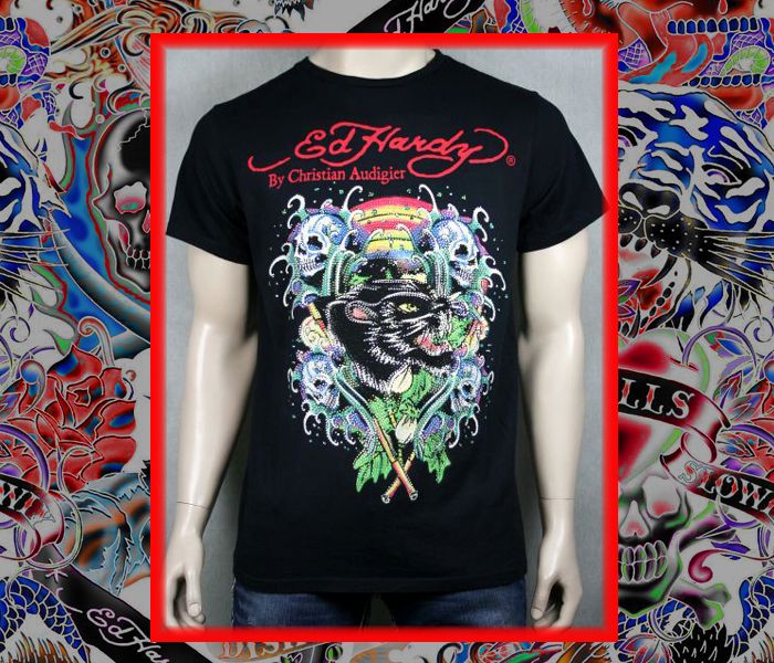 ED Hardy Mens Panther Skull Waves Platinum t shirt  