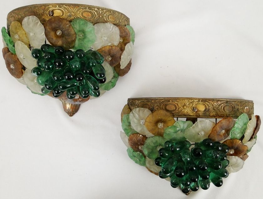 Pr. Antique Czech Art Glass Flowers & Grapes Basket Wall Sconces 