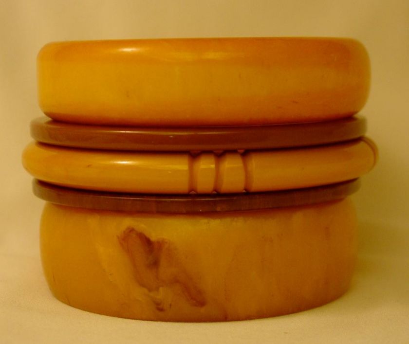 Vtg 30s Bakelite Bangle Bracelet Set Marbled Carved 3 +  