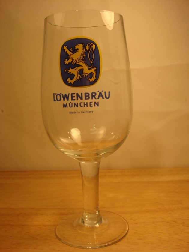 LOWENBRAU BEER GLASS FOOTED STEMMED BAR GLASS IMPORT LOGO VINTAGE 