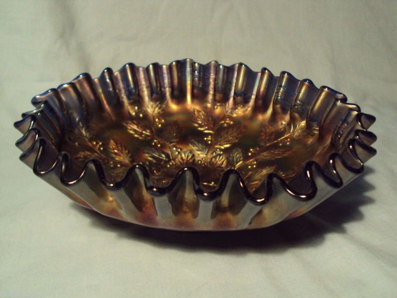 ANTIQUE Purple on Cobalt Blue CARNIVAL GLASS BOWL wavy  