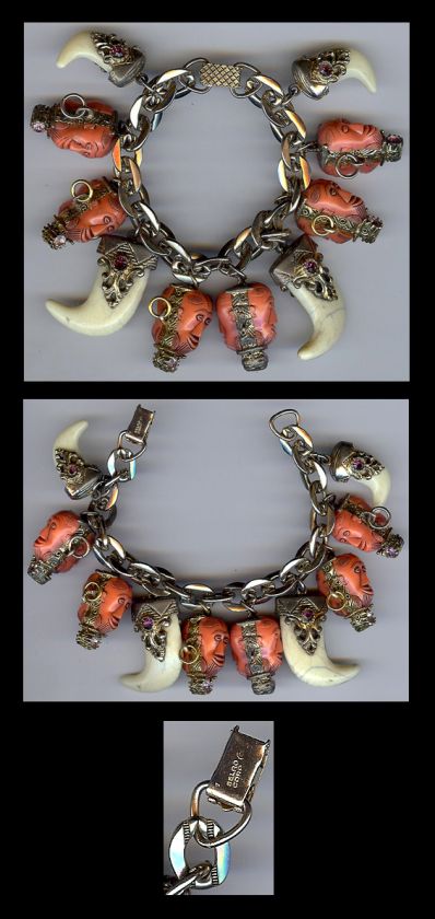 SELRO VINTAGE CORAL COLOR DEVIL FACES & CLAWS DANGLE BRACELET  