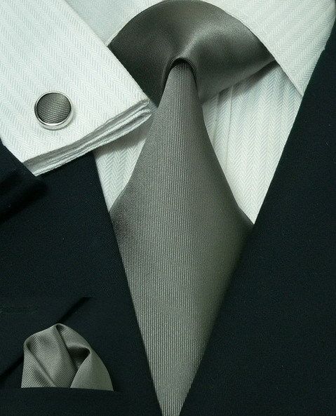 LANDISUN 35H SOLID GRAY SILK TIE SETTIE+HANKY+CUFFLINK  