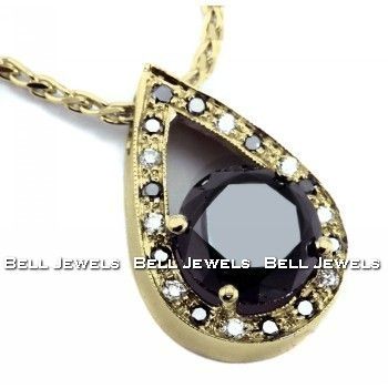 00CT BLACK DIAMOND DROP SHAPE PENDANT NECKLACE 14k YELLOW GOLD 