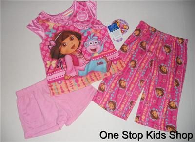 DORA THE EXPLORER Girls 4 5 6 6X Pjs Set PAJAMAS 3 Pc Shirt Capris 