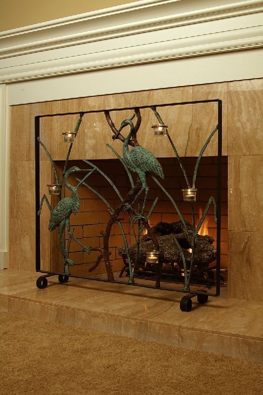 Cranes Fireplace Screen Bird Birds Brass Iron Nature  