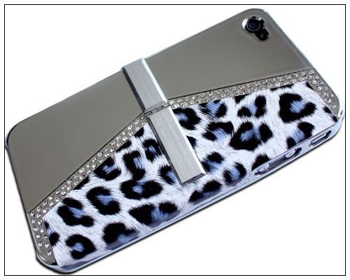   Rhinestone Leopard Wallet Hard Case Cover iPhone 4 4S 4G Gray  