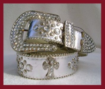 WESTERN RHINESTONE CROSS STUD SILVER LEATHER BELT.XL 44  