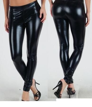 BLACK FAUX LEATHER LIQUID WET LOOK PANTS LEGGINGS S M L  