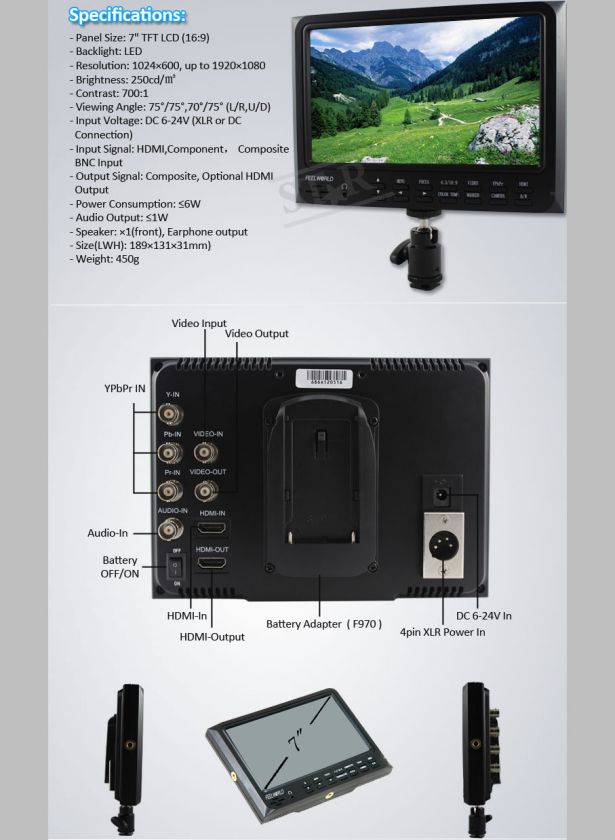 NEW HD 7 LCD Field 1080P On Camera Monitor SLR HDMI In+Out YPrPb 