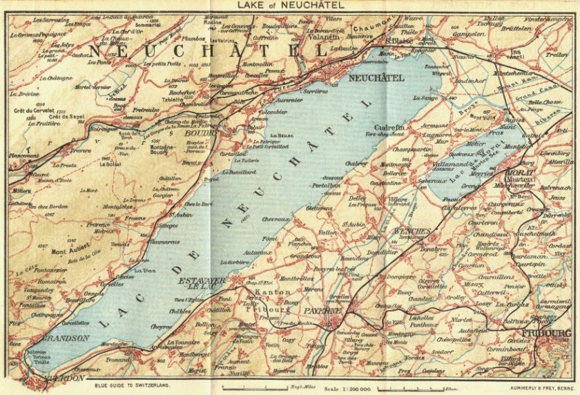 SWITZERLAND Lake of Neuchatel, 1923 map  