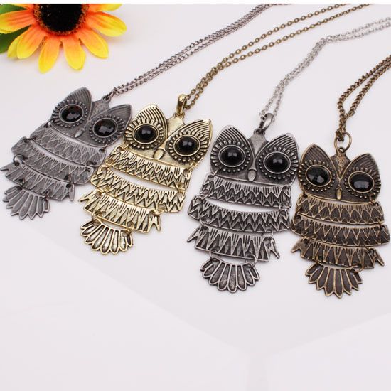 4pcs Wholesale Vintage OWL Pendant Long Chain Necklaces  