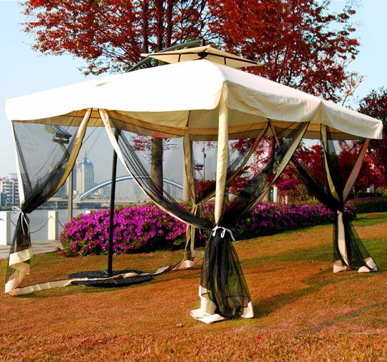 FT OFFSET PATIO UMBRELLA TENT GAZEBO CANOPY TAN WITH MESH ENCLOSURE 