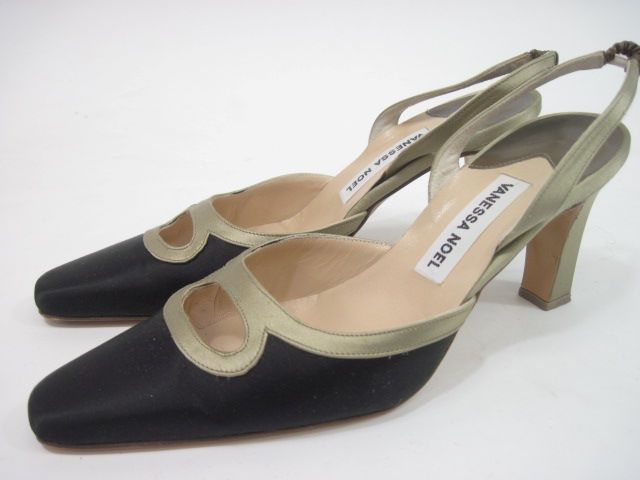 VANESSA NOEL Black Satin Slingbacks Heels Sz 7 In Box  