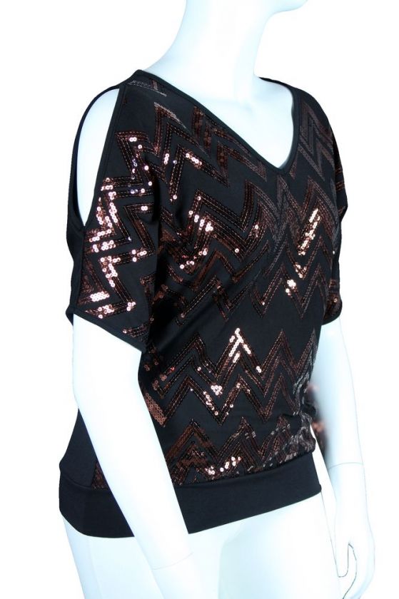 Black Brown Copper Sequin Cold Shoulder Top NWT  